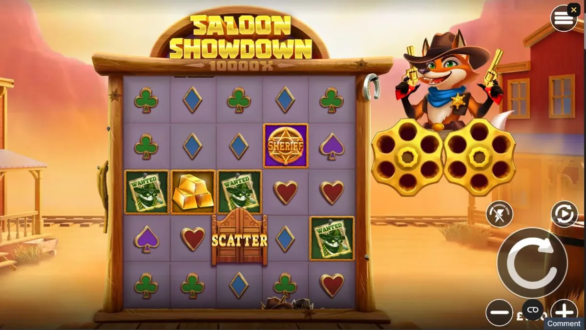 Tampilan visual karakter sheriff rubah dan suasana Wild West dalam slot Saloon Showdown 10,000x